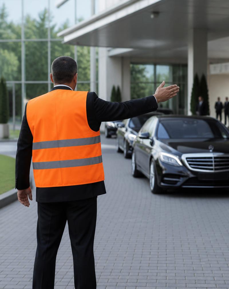 Traffic marshal directing luxury vehicles at a venue entrance