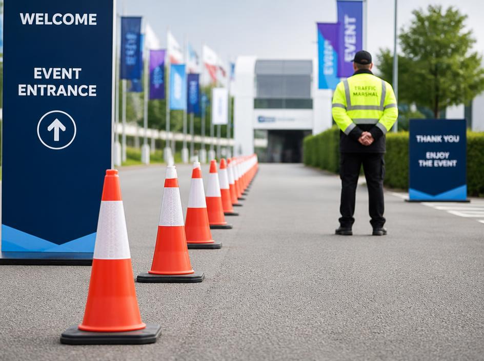 Traffic cones aligned at an event venue entrance with a marshal in the background