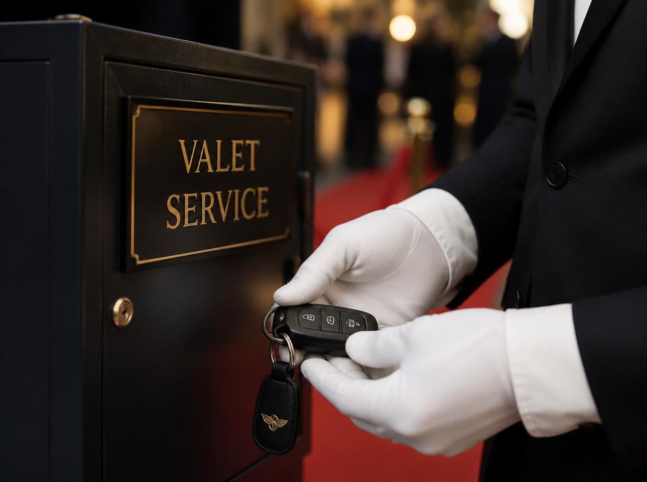 Professional valet holding car keys at a gala entrance